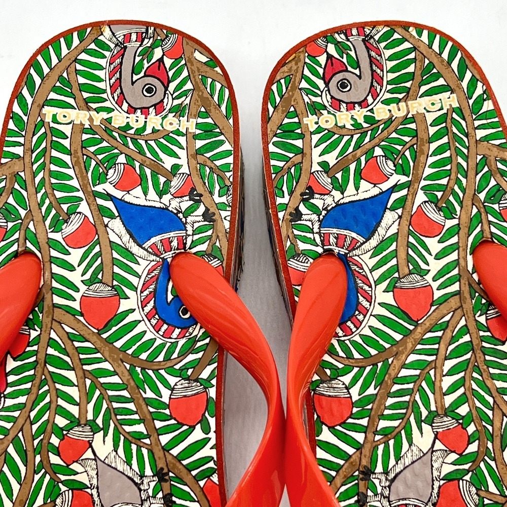 Tory Burch Women's Sz 8/39 Cut Out Wedge Platform Flip-Flop Spicy Orange Wild - Picture 8 of 9